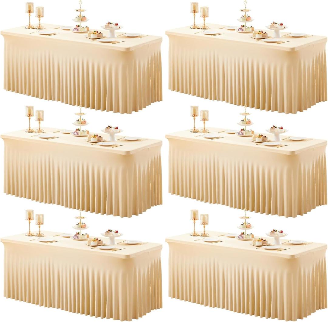 Shillance 6 Packs Champagne Spandex Tableclothes for 6 Foot Rectangle Table, Spandex Table Covers 6FT Stretch Table Skirts Wrinkle Free Fitted Table Cloth for Event, Wedding, Banquet & Parties, 72" x 30"