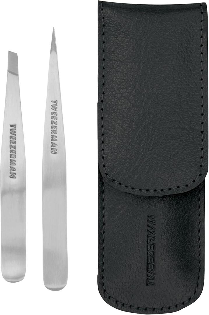 Tweezerman Petite Tweeze Set with Travel Case - Point and Slant Tweezers, Tweezers for Travel (Black Case) (2 Piece Set)