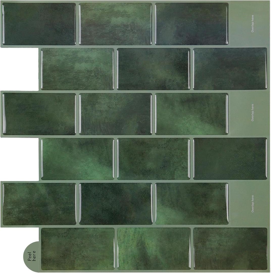 Peel and Stick Backsplash Wall Tiles - 10 Sheets Green Tile 12" x 12" 3D Self-Adhesive Wall Tiles for Kitchen, Bathroom & Home Dcor