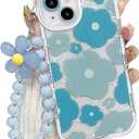 for iPhone 15 Case, Cute Clear Blue Floral Bear Camera Lens Case with Lovely Flower Wrist Strap Bracelet Chain for Women Girly,Shockproof Cover-Blue