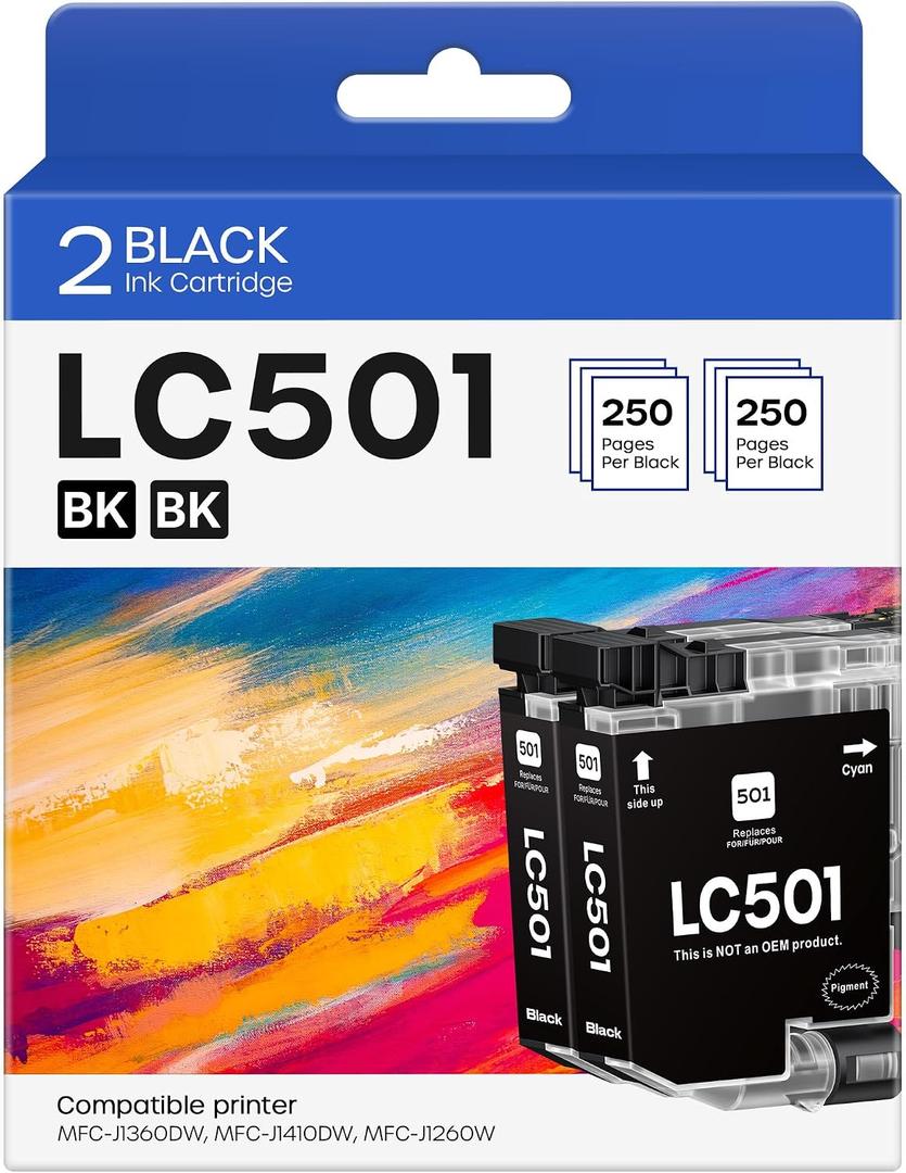 LC501 Ink Cartridges Compatible for Brother LC501 LC501XL LC 501 XL Work for Brother MFC-J1260DW MFC-J1360DW MFC-J1410DW Printer (2 Black)