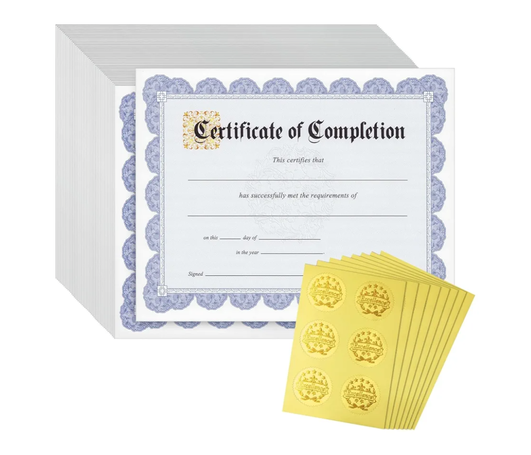 48 Sheets Blue Floral Certificate of Completion Paper for Printing with Gold Foil Sticker Seals - Customizable with Border for Graduation, Diploma, Awards, Recognition Documents (8.5 x 11 in)
100+ bought in past month