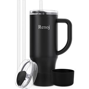 Renoj Insulated Mug 100% Spill Resistant Insulated Water Bottle for Iced Coffee & Hot Drinks - Fits Car Cup Holder, Ideal Gift, 2 Straws & Silicone Boot - FlexSlide White 32 oz
