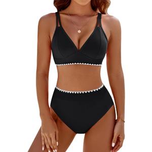 BMJL Women's Bikini Sets V Neck High Waisted Swimsuits Shell Stitched Cheeky Two Piece Bathing Suit (Small, Black039)