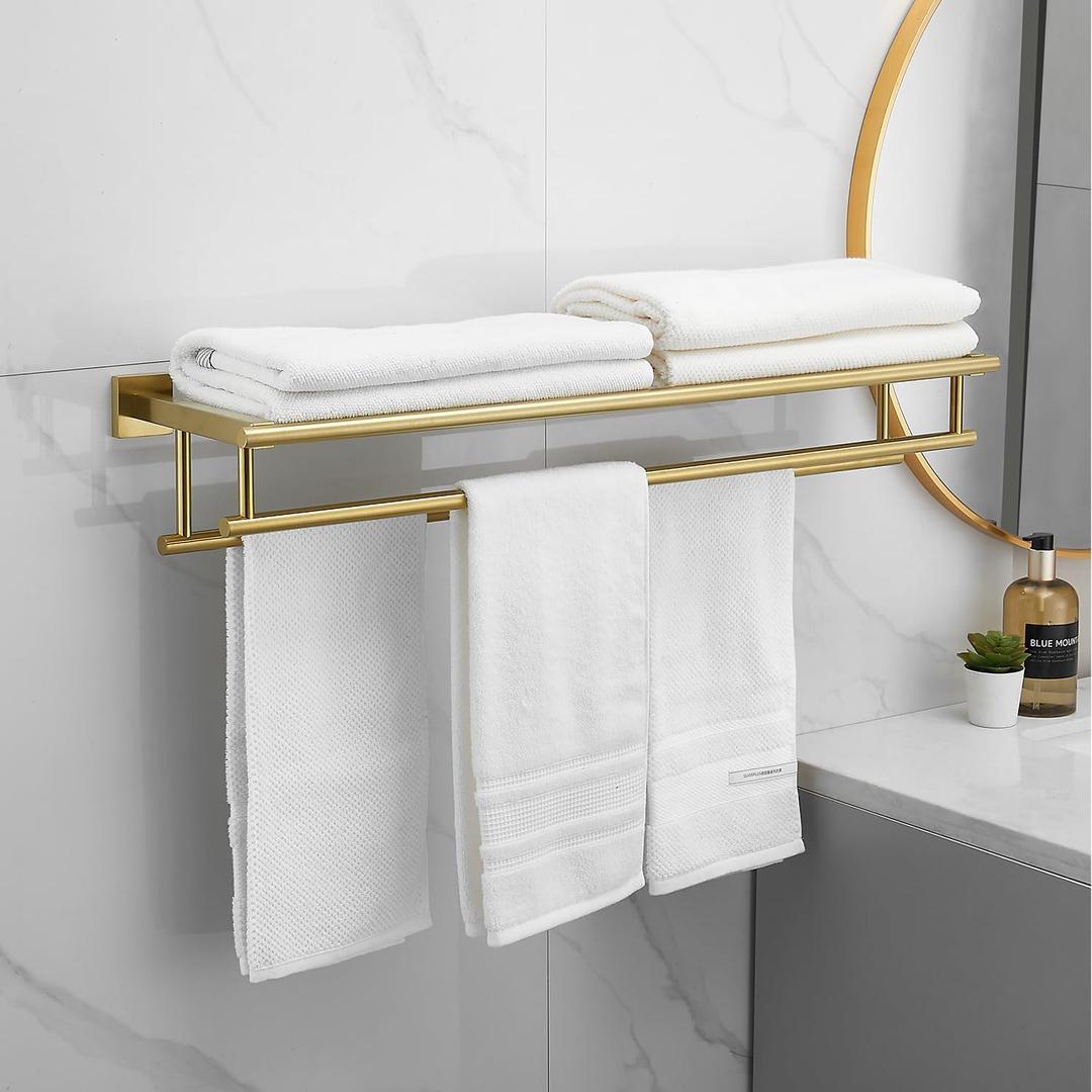 Towel Rack for Bathroom 32 Inch Wall Mounted Towel Rack Brushed Gold Towel Shelf with Double Towel Bar SUS304 Stainless Steel Towel Holder for Bathroom Wall Hotel Towel Rail
