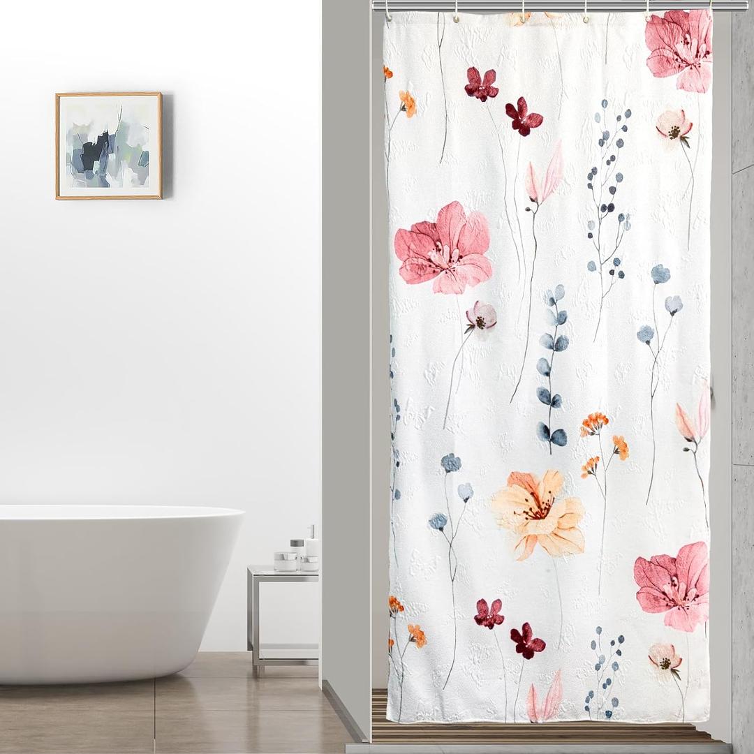 QiyI Small Stall Shower Curtain 36 x 72, Narrow Half Watercolor Floral Bath Curtains, 3D Embossed Peach Pink Flower Cloth Bathroom Curtain, Waterproof Fabric White Shower Curtain Set with Hooks