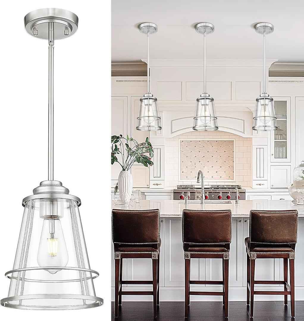 Pendant Lights Kitchen Island Brushed Nickel 8 Inch Large Pendant Light With Clear Glass Modern Farmhouse Cage Hanging Lights Fixture for Kitchen Sink Dining Room Hallway Foyer (1 Pack), ZCPL108BN-L