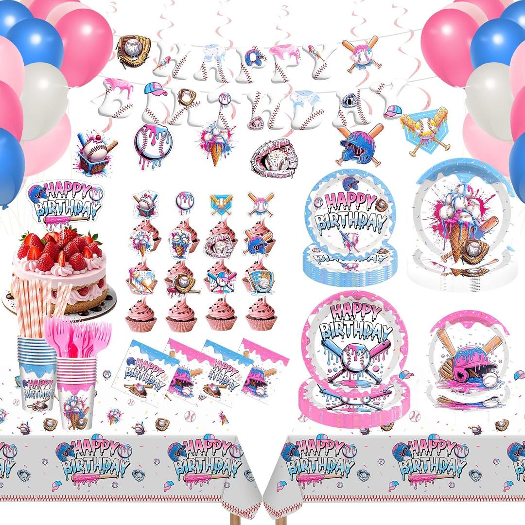 192Pcs Ice Cream Drip Baseball Birthday Party Decoration,Serve 24
Includes Plates Napkins Cups Banner Balloons Tablecloth Cake Topper for Team Gift Sport Birthday Camping Baby Shower Party