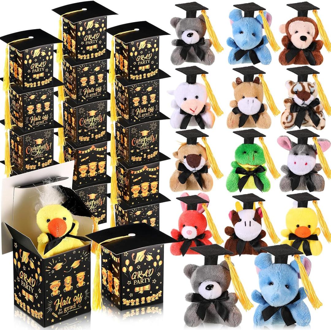 24 Set Mini Graduation Stuffed Animals Bulk with Hat Gift Box Tiny Graduation Plush Small Grad Animals Keychains for 2025 Congrats Grad Exchange Gift Party Favors Supplies