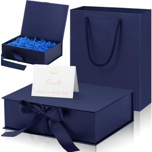 Zonon Dark Blue Luxury Gift Box with Lid and Ribbon 9 x 7 x 3'' Gift Bag with Greeting Card Tissue Paper for Decoration Wedding Birthday Party Favor Present Supplies