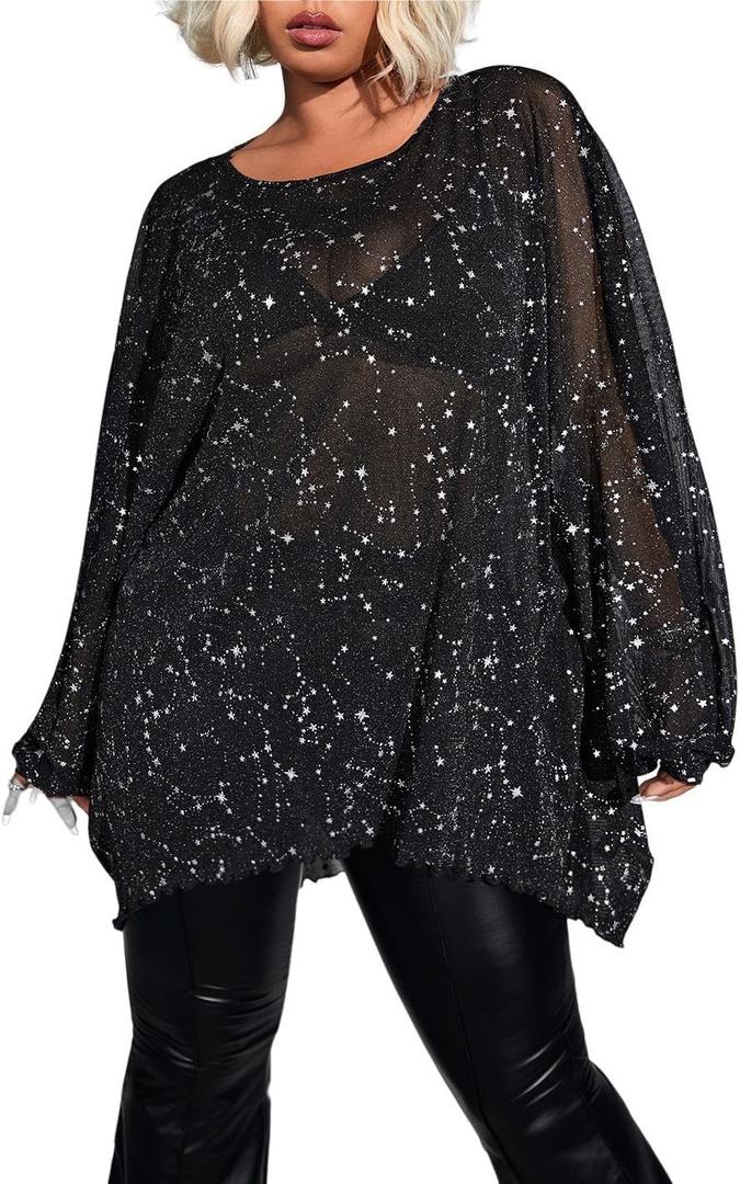 WDIRARA Women's Plus Size Star Print Mesh Glitter Round Neck Long Sleeve Oversized Sparkly Tee Top (Black, L)