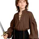 L'VOW Medieval Boys Shirt Renaissance Kids Lace-up Pirate Shirts Retro Viking Colonial Costume Top (Brown, XXL)