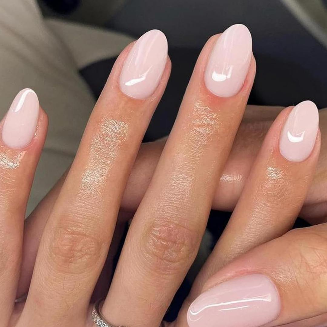 UNA GELLA 32Pcs Soft Gel Press on Nails - 16 Sizes Pastel Baby Pink Round Glue on Nails, Oval Reusable Glossy Natural Pink False Nails, Full Cover Acrylic Nail Kit for Women DIY Home Manicure