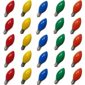 25 Pack C7 Multicolor Christmas Replacement Bulbs, Multicolor Ceramic Light Bulbs for Christmas Outdoor Patio Indoor String Lights, C7/E12 Candelabra Base, 5 Watt- Multicolor
