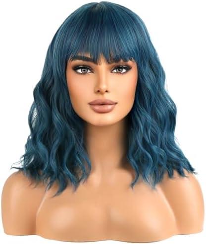 WTHCOS Mixed Blue Wigs for Women Short Blue Curly Wavy Wig With Bangs for Girls Heat Resistant Synthetic Cosplay Wigs for Daily Use With Wig Cap