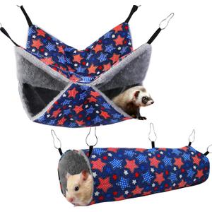 petonfun Ferret Rat Hammock Set Guinea Pig Hideout Bed,Soft Hamster Toys Hanging Tunnels and Tubes,Plush Small Animal Pet Chinchilla for Cage Accessories Hide,Play and Sleep,2 Pack,Blue Star