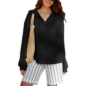 KFUBUO Women's Oversized Sweatshirt V Neck Long Sleeve Pullover Hoodie 2025 Fall Fashion Sweatshirts Black (Black, M)