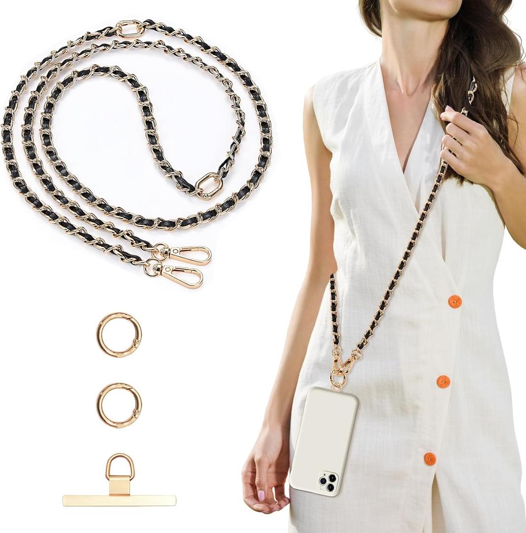 Aganmi Clip and Go Phone Strap Chain Crossbody Trendy Hands-Free Cross Body Cell Phone Lanyard for Women, Fashion Accessories Neck Chain for iPhone and Smartphone, Black Gold