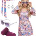 Janmercy 5 Pcs 70s Disco Outfit for Women Hippie Costumes Accessories 70s 80s Halloween Decades Party Cosplay(Large,Retro)