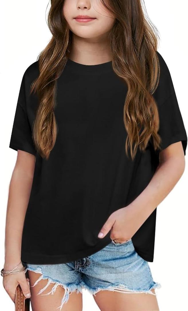 Girls Fashion Raw Hem Oversized T Shirts Summer Short Sleeve Tops Tees Shirt 5-14 Years (10-12 Years, Black)