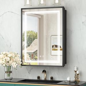 TokeShimi 20x26Inch LED Medicine Cabinet Black Frame, Medicine Cabinet with Lights, 3-Color Lighted Medicine Cabinet Mirror for Bathroom, Anti-Fog, Tempered Glass, Outlets, Wall-Mounted/Recessed