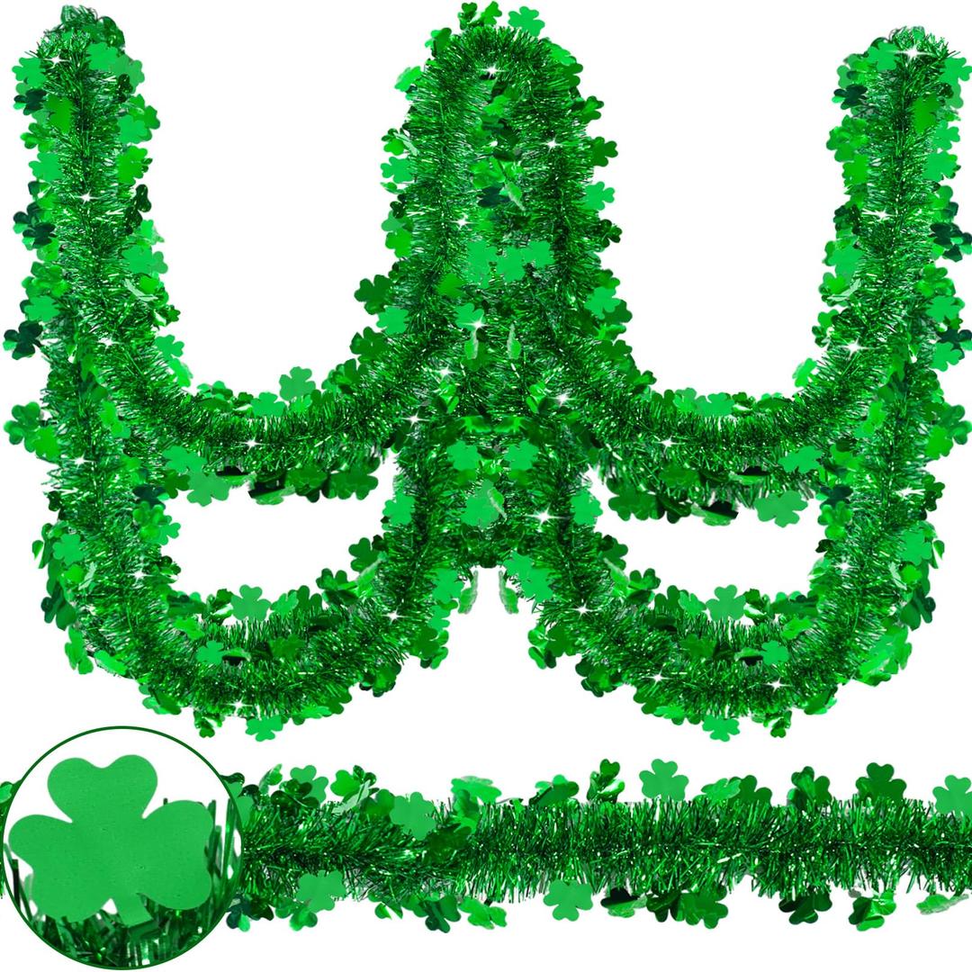 Prashent 2 Pack St Patricks Day Tinsel Garland Decoration 66 Feet Hanging Metallic Green Shamrock Garland for Irish Festival Mantle Wall Window Decor