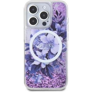 CG MOBILE Guess HC Phone Case Designed for iPhone 16 Pro Max, Durable, Shock Proof, Compatible with Magsafe, LIQ Glitter Flower Case Purple