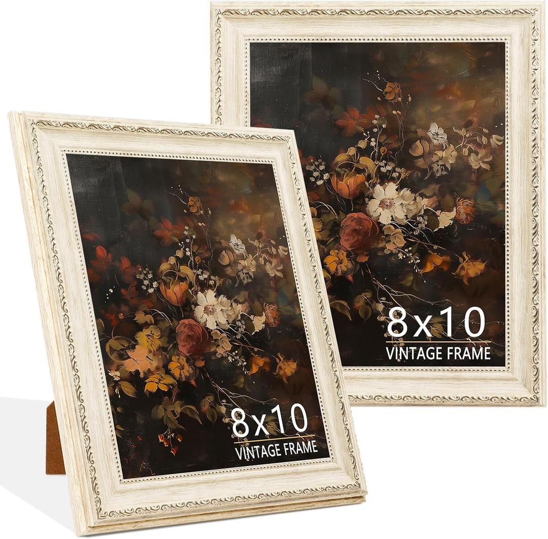 8x10 Vintage Picture Frame, Cream Ivory PS Photo Frame with Wood Grain Texture, Antique-Style 8 x 10 Frame for Living Room, Bedroom, Office or Gallery Wall, Retro Home Decor Gift 2 Pack