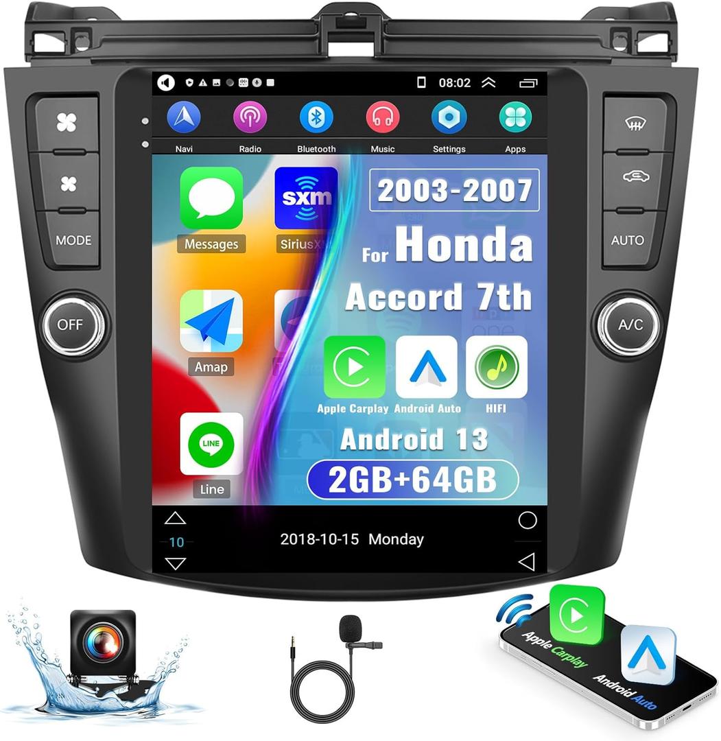 2G+64G for Honda Accord 2003 2004 2005 2006 2007 Radio Android 13 Car Stereo Wireless Carplay Android Auto, 9.7" Vertical Touchscreen Bluetooth GPS Navigation Hi-Fi WiFi FM SWC +Backup Camera Mic