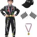 Race Car Driver Costume Boys Racer Jumpsuit With Car Cap Kids Dress Up for Halloween (No Size, Black)