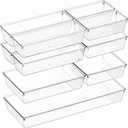 Criusia 11 PCS Clear Plastic Drawer Organizer Set - 5 Large Size Versatile Kitchen and Bathroom Organizer Trays, Non-Slip Storage Bins for Makeup, Utensils, Tool and Office Desk