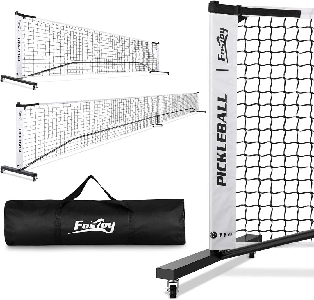 Portable Pickleball Net Set with Wheels, Regulation Size 22 FT & Half Court 11 FT, Steady Metal Frame Pickle Ball Net Set System with Carry Bag for Backyards, Driveways, and Garages (Black&White)
