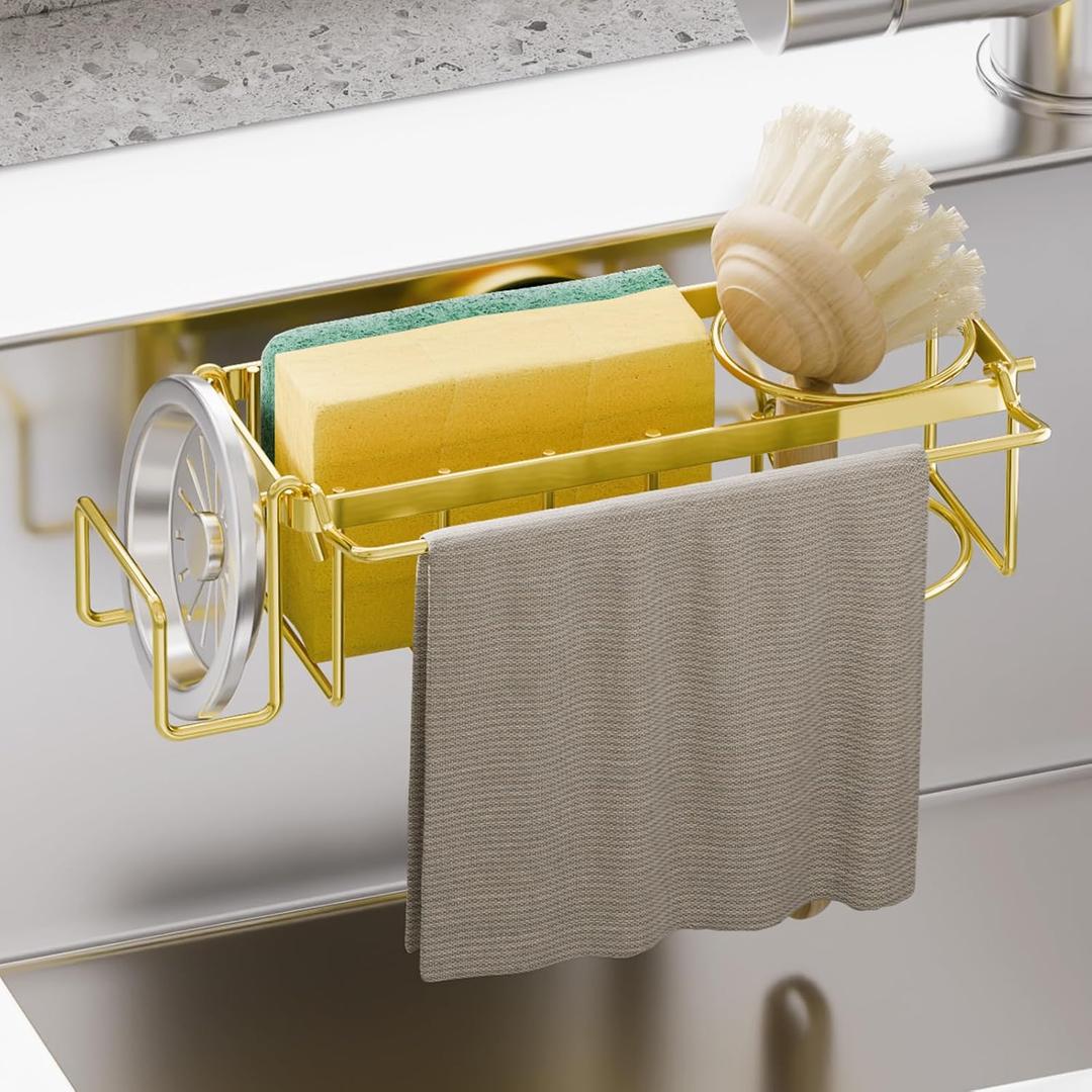 TAILI Sponge Holder with Strong Suction Cup, 4-in-1 Rustproof Sink Organizer - Sink Caddy Holds Sponges, Brushes, Stoppers & Scrapers -Gold (7.28" x 2.36")