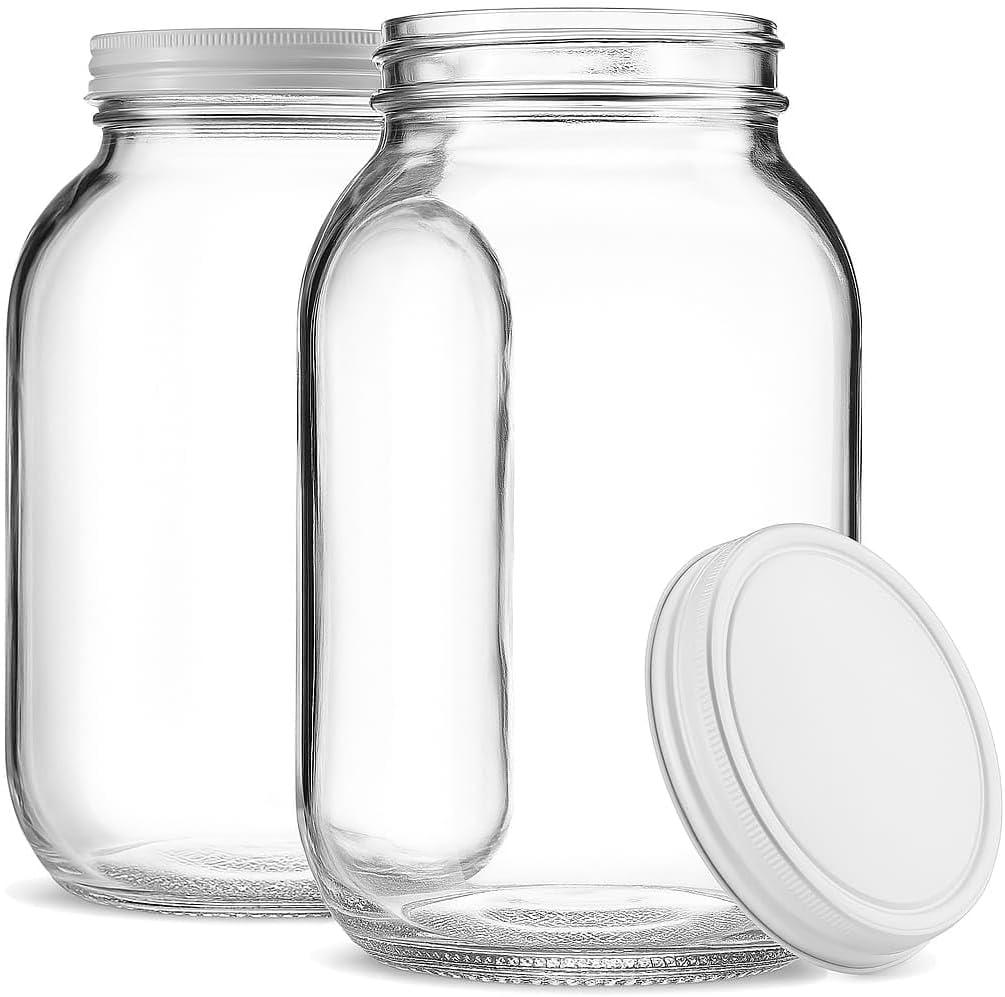 1 Gallon Glass Jar With Lid  2 Pack Large Glass Jar With Airtight Metal Lids - USDA Approved BPA-Free Dishwasher Safe, Wide Mouth Sun Tea Jar, Gallon Mason Jar for Storage, Fermenting, And Brewing