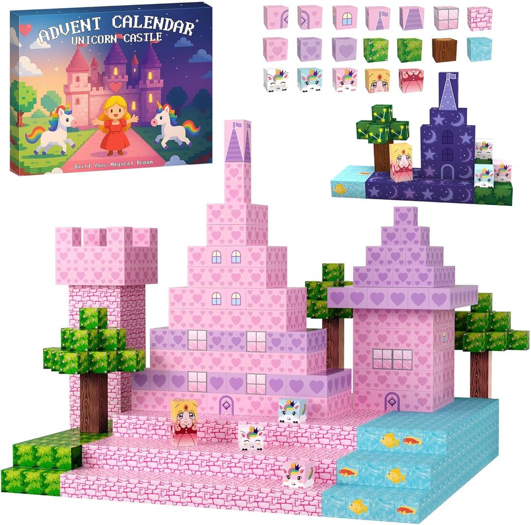 Magnetic Blocks Advent Calendar 2025 for Girls, 24 Days of Christmas Countdown with Princess Unicorn and Castle Building Kit, Xmas Gift Stocking Stuffers for Kids