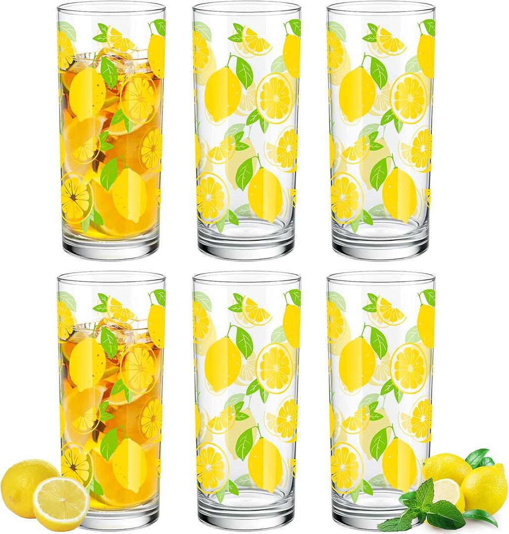 LemonRoad 6 Packs Lemon Pattern Highball Glasses 10 oz Tall Lemon Drinking Glasses Summer Drinkware or Iced Tea, Cocktails, Juice-summer Citrus Themed Glassware Set