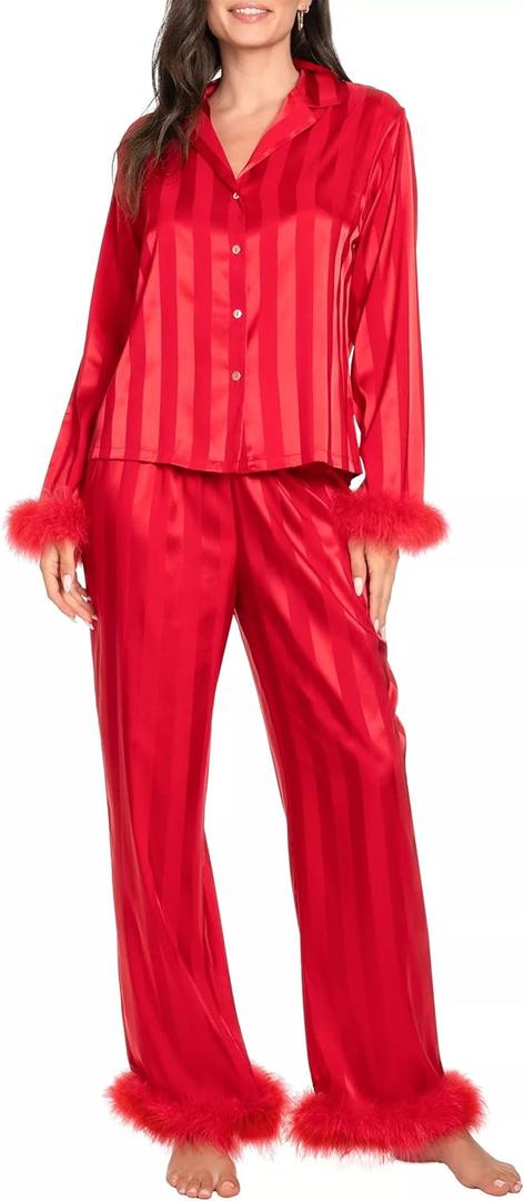 KMBANGI Women Y2k Pajamas Set Heart Print Silk Satin Pjs Feather Trim Long Sleeve Shirt Pants Lounge Set (Large, Dark Red)