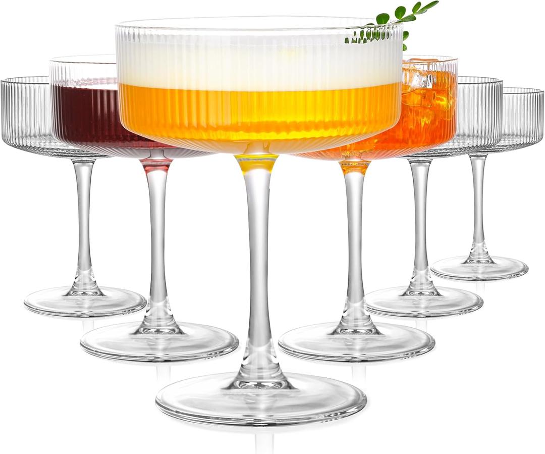 Vintage Ribbed Coupe Glasses Set of 6-11oz Clear 100% Crystal Martini Glasses Elegant Cocktail Glasses, Transparent Glassware for Champagne, Margaritas, Espresso with a Rose Ice Mold