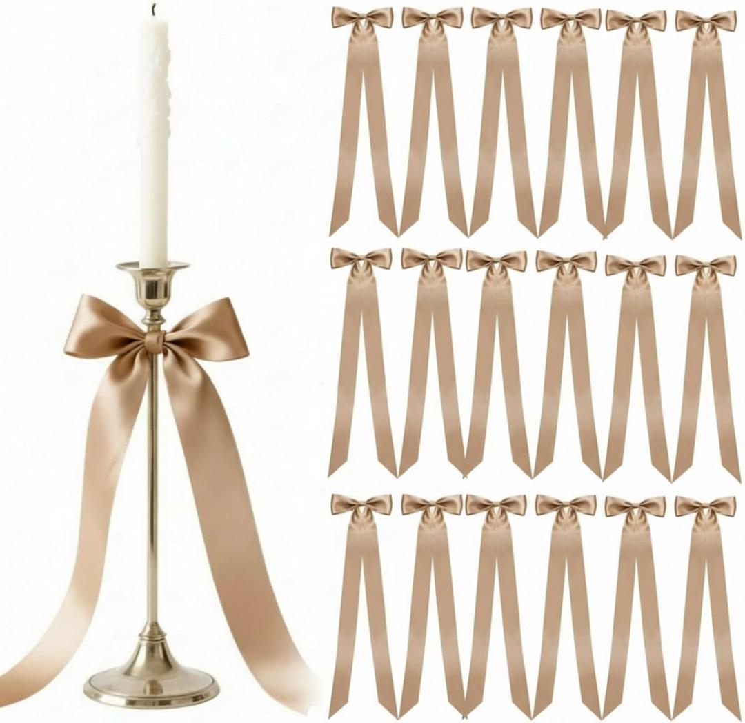 Lyrow 36 Pcs Champagne Long Satin Ribbon Bows for Wedding Valentine Candlestick Chairs Hair Bows for Women Bridal Baby Shower Backdrop Wine Glass DIY Birthday Party Table Decor(19.7" x 5.28") (Brown)