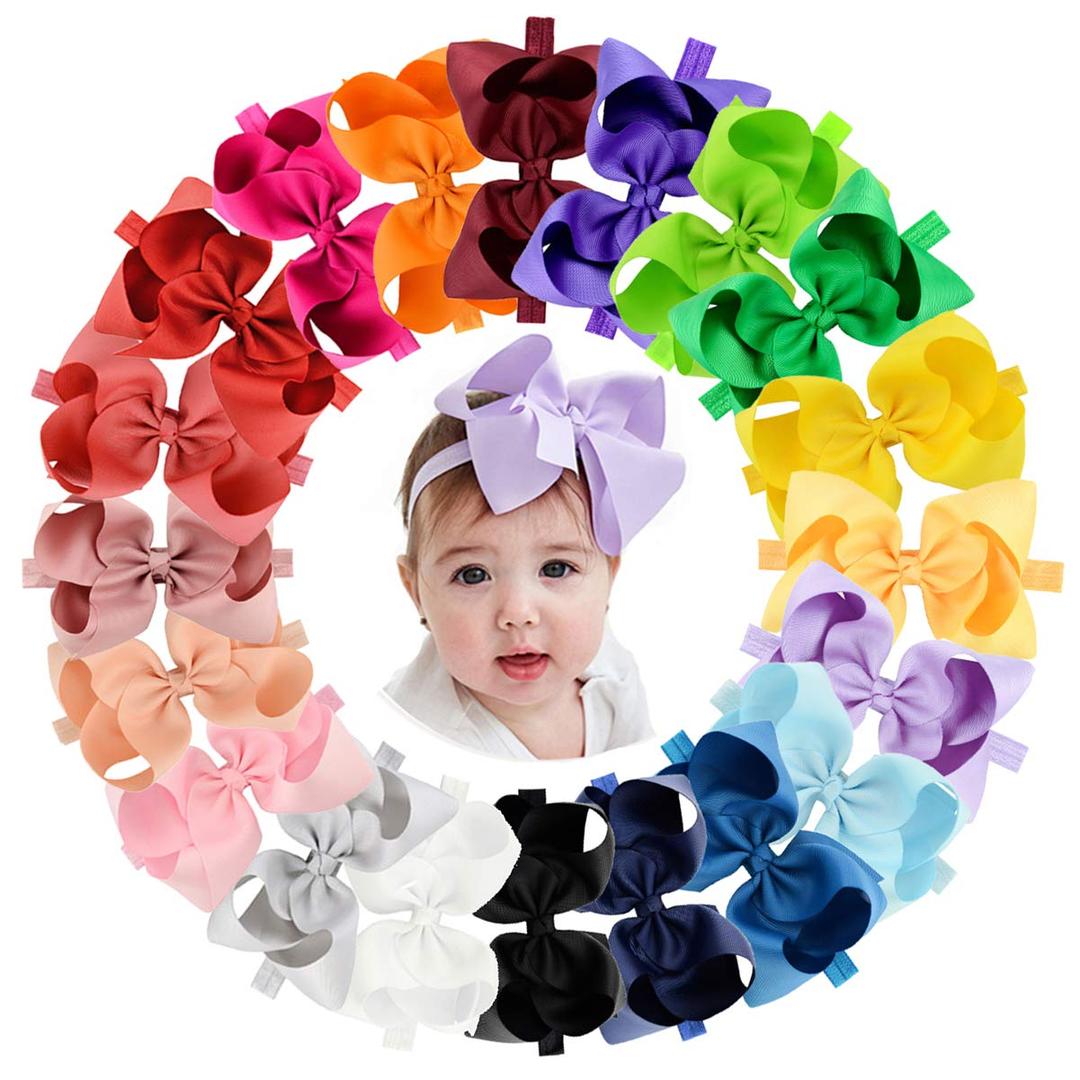 Jollybows 20pcs Baby Girls Grosgrain Ribbon Hair Bows Headbands 6" Elastic Hair Band Hair Accessories for Infants Newborn (Multicoloured 6 Bows Elastic Headband)