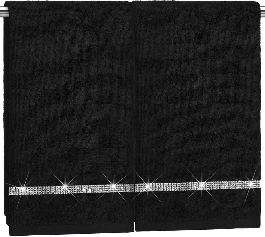 Hahafelt 2 Pcs Black Sparkling Hand Towels with Rhinestones for Bathroom 100% Cotton Glitter Soft Elegant Hand Bath Towels Absorbent Machine Washable for Spa Yoga Hotel Sport, 29.5" x 13.8"
