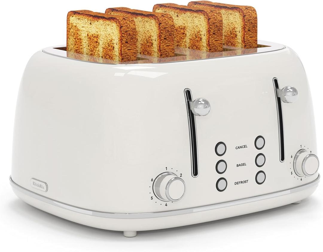 Toaster 4 Slice, Retro Stainless Toaster with 6 Bread Shade Settings,1.5''Wide Slots Toaster with Cancel/Defrost/Reheat Functions,Dual Independent Control Panel, Removal Crumb Tray (White)