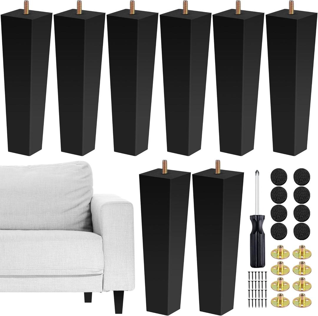 TURSTIN Set of 8 Furniture Legs 10 Inch Square Solid Wood Couch Legs Replacement Sofa Leg Mid Century Furniture Feet for Armchair Bed Dresser Cabinet Include Installation Hardware, Black