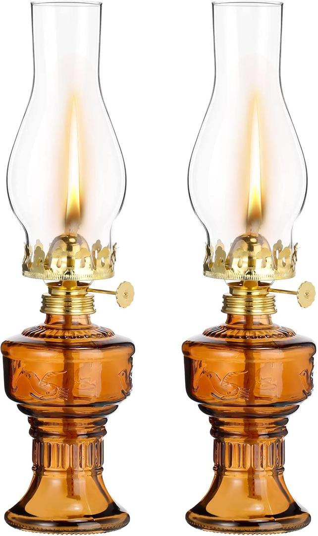 2 Pcs Chamber Oil Lamps for Indoor Use Vintage Kerosene Lamp Rustic Hurricane Kerosene Lantern with Adjustable Fire Wick Lighting Oil Lantern for Home Emergency Lighting, 13'' High(Brown)
