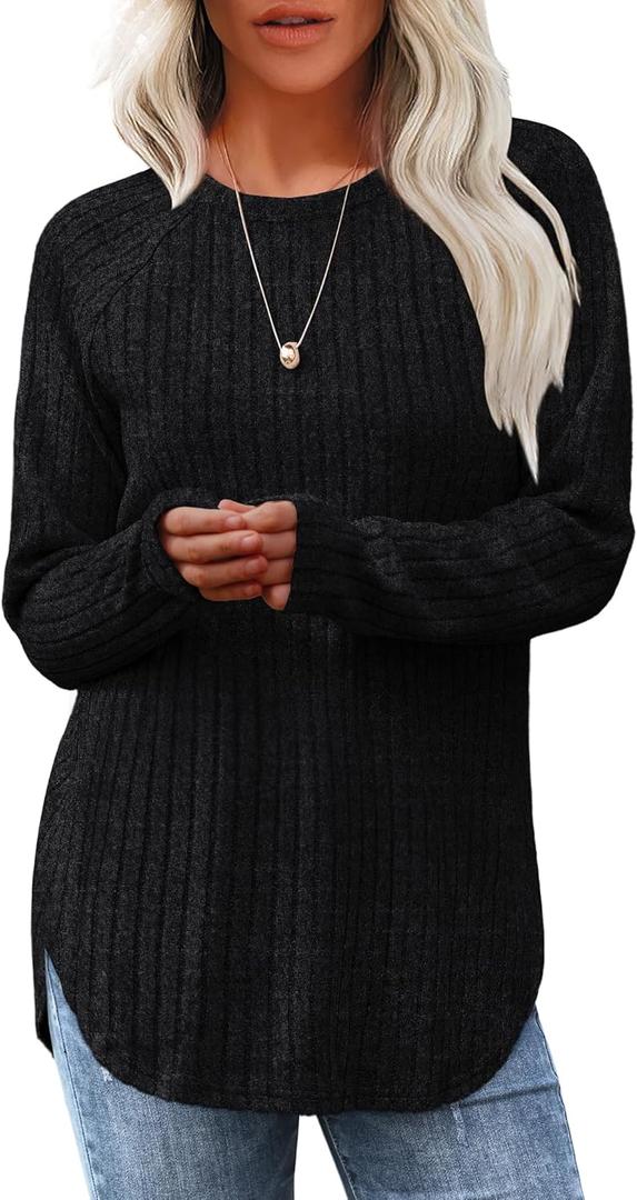 Saloogoe Long Sleeve Shirts for Women 2025 Fall Clothes Tunic Tops Loose Fit Dressy Crewneck Pullover Sweaters Curved Hem (Medium, Black)