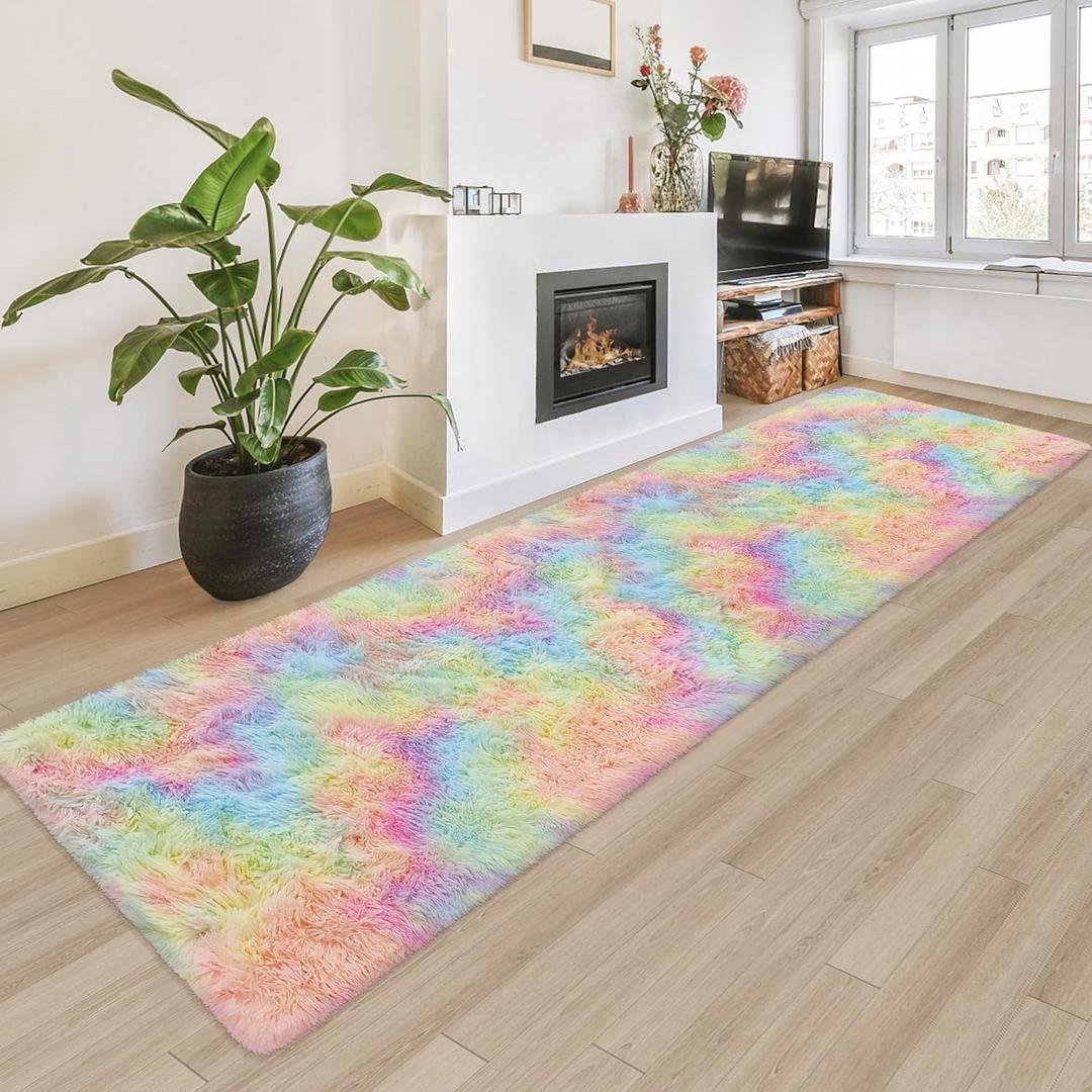 Fluffy Rainbow Rug for Girls Bedroom 2x8 Feet Kawaii Tie Dye Area Rug Colorful Unicorn Runner Rug for Kids Teens Nursery Baby Princess Room Living Room Home Decor Carpets (Tie-dyed Rainbow)