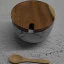 Marble Salt Cellar Box with Wood Lid & Spoon, Modern White Stone Salt or Pepper Sugar Spice Seasoning Bowl Container Jar Holder Well Keeper Dish Pig Crock for Kitchen (White Bowl)