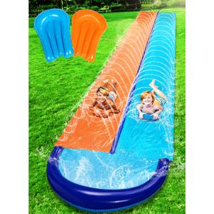 Sloosh 32.5FT Double Water Slides, Heavy Duty Lawn Slide with Sprinkler and 2 Inflatable Boards Backyard Yard Lawn Summer Outdoor Water Toy for Kids Adults