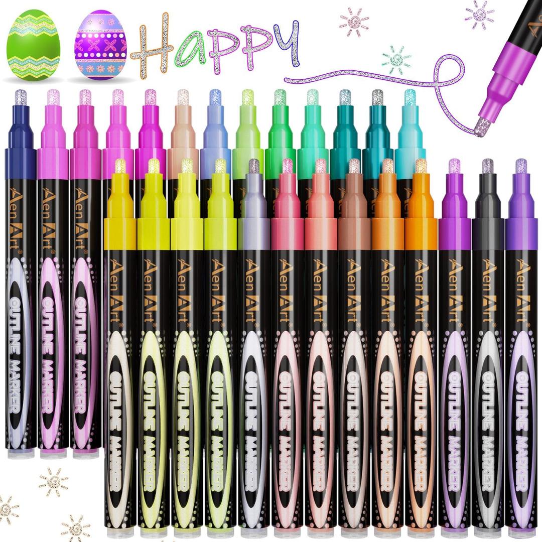 Aen Art Easter Basket Stuffers, Double Line Pens, 26 Colors Shimmer Outline Marker, Self-Outline Metallic Pen Art Supplies for Teen Girl Birthday Gifts