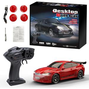 1:64 Scale Mini RC Drift Car, 2.4GHz 4WD Full Proportional Model Vehicle with LED Lights, Racing Sport Toy for Adults Teens (Red)